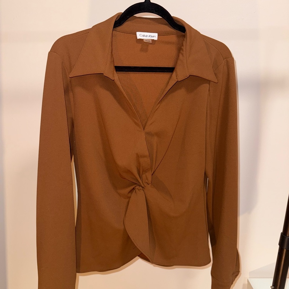 Calvin Klein Brown Tie Front Blouse with Notched Collar